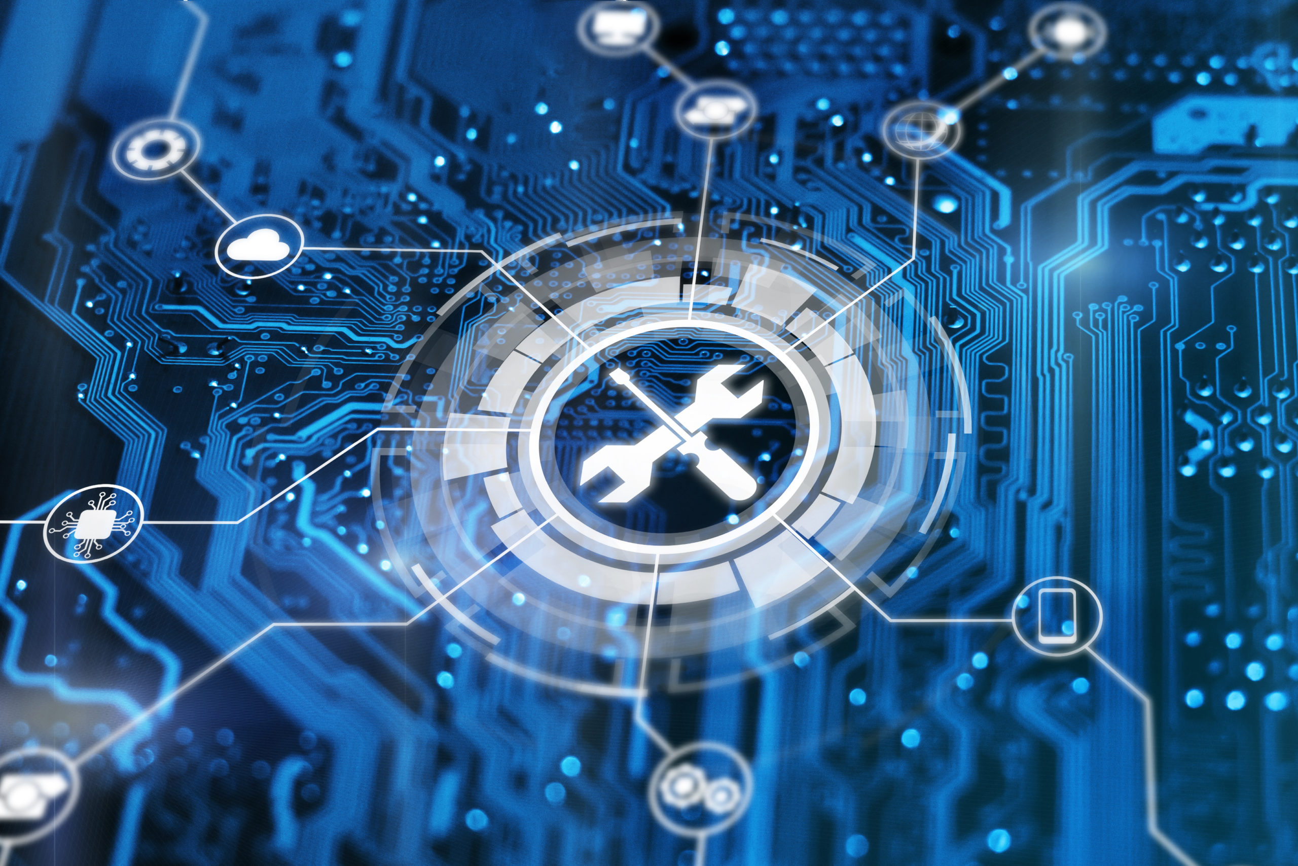 Technical support concept. Maintenance sign wrench and  srewdriv