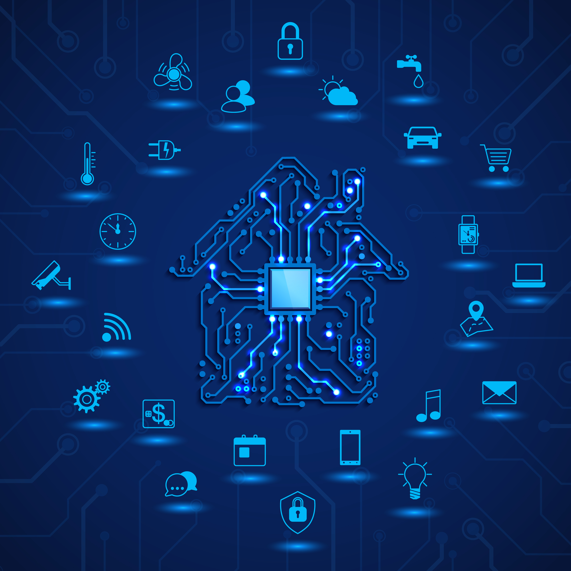 Smart house or IOT concept. Remote monitoring and control smart house. House circuit and smart home function icons. Vector illustration on blue background Smart house or IOT concept. Remote monitoring and control smart house. House circuit and smart home function icons. Vector illustration on blue background